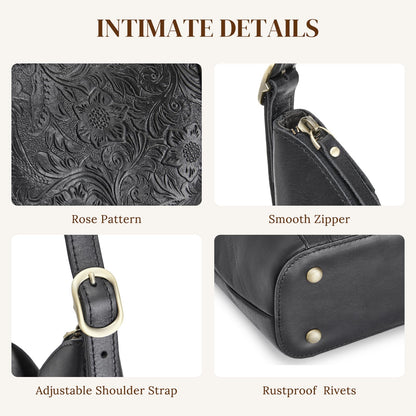 S-ZONE Leather Shoulder Bag for Women Hobo Bag Top Handle Handbag Satchel Purse Rose Pattern