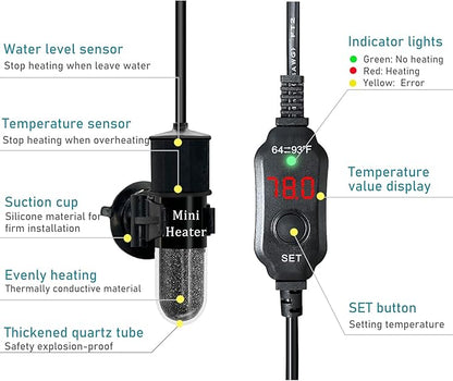Mini Submersible Aquarium Heater, 25/50/100/150/200/300 Watts Adjustable Fish Tank Heater, Built-in Thermometer, External Temperature Controller, Smart Memory, Used for 1-60 Gallons (20W Plug)