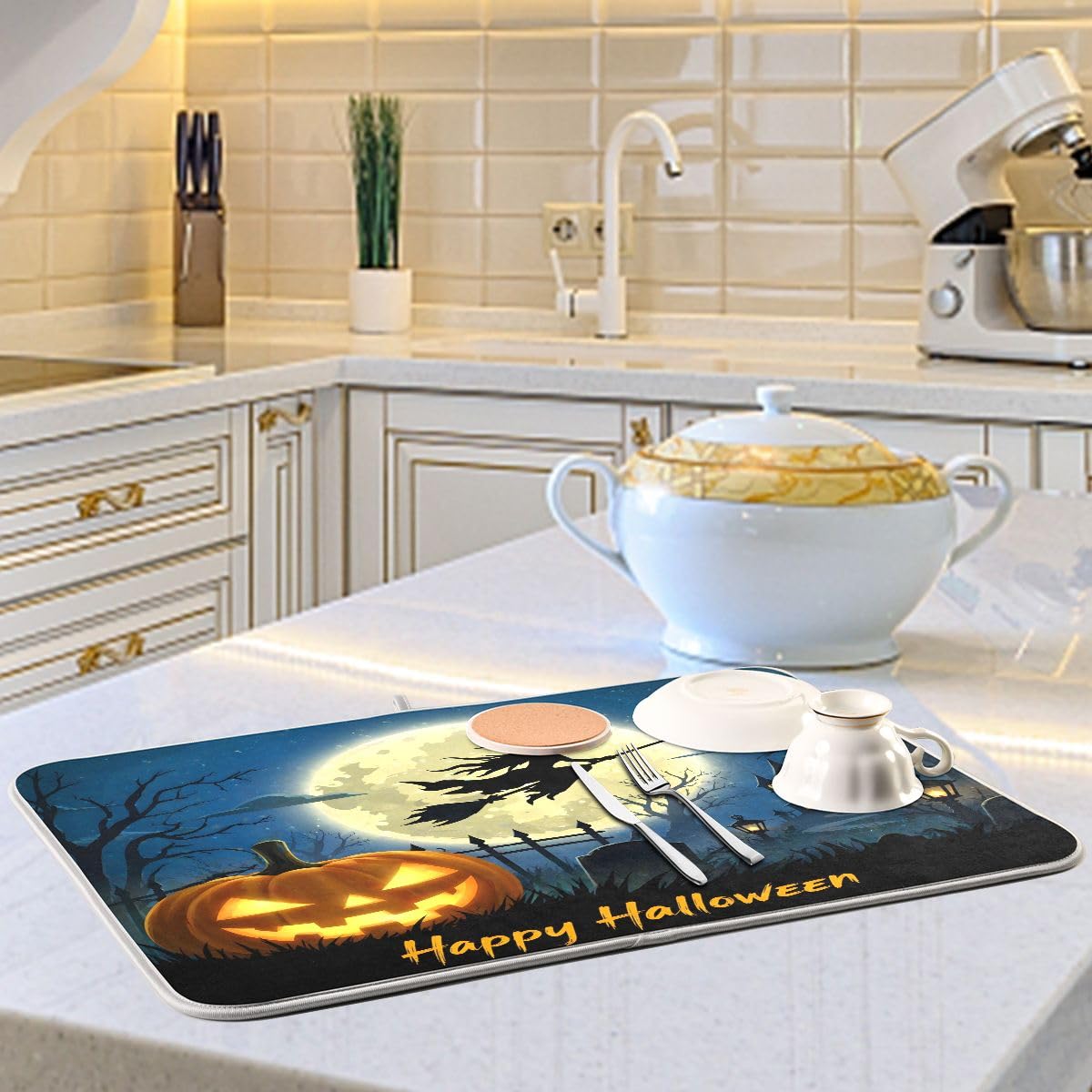 Halloween Night Witch Bat Dish Drying Mat,Pumpkin Latern Absorbent Dish Drying Mat for Kitchen, Extra Large, 16" x 18"