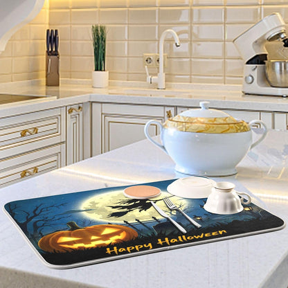 Halloween Night Witch Bat Dish Drying Mat,Pumpkin Latern Absorbent Dish Drying Mat for Kitchen, Extra Large, 16" x 18"