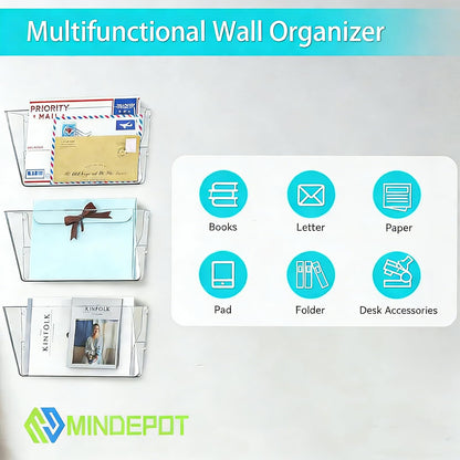 MINDEPOT 3 Pockets Acrylic Wall File Organizer, Clear Wall File Holder, Plastic Hanging Wall File Holder for Office, School and Home, Clear