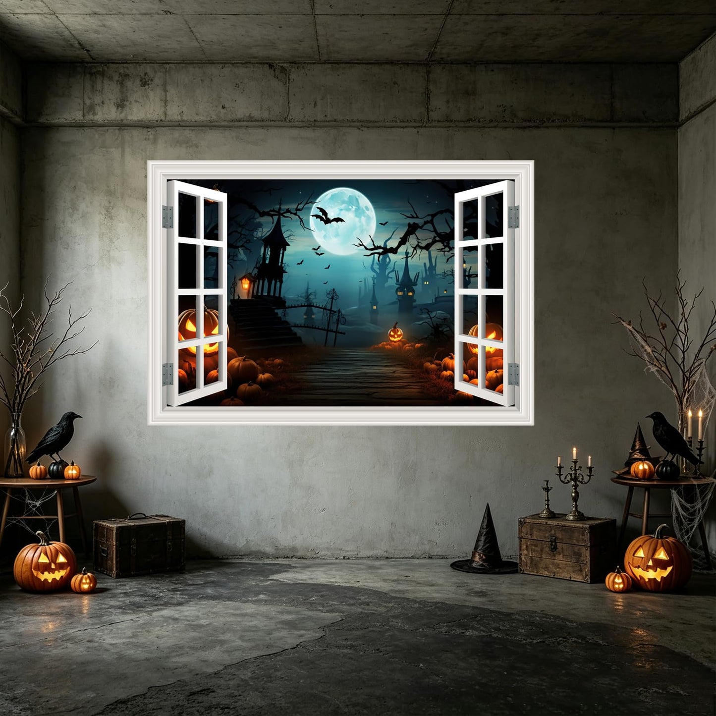 Fake Window Wall Decals Halloween Pumpkin Castle Bat Night View Terror Mural Faux Window Sticker Poster Open Wall Art Picture， for Room Office Decor Stick and Peel Natural Scenery Scene 16“x24”