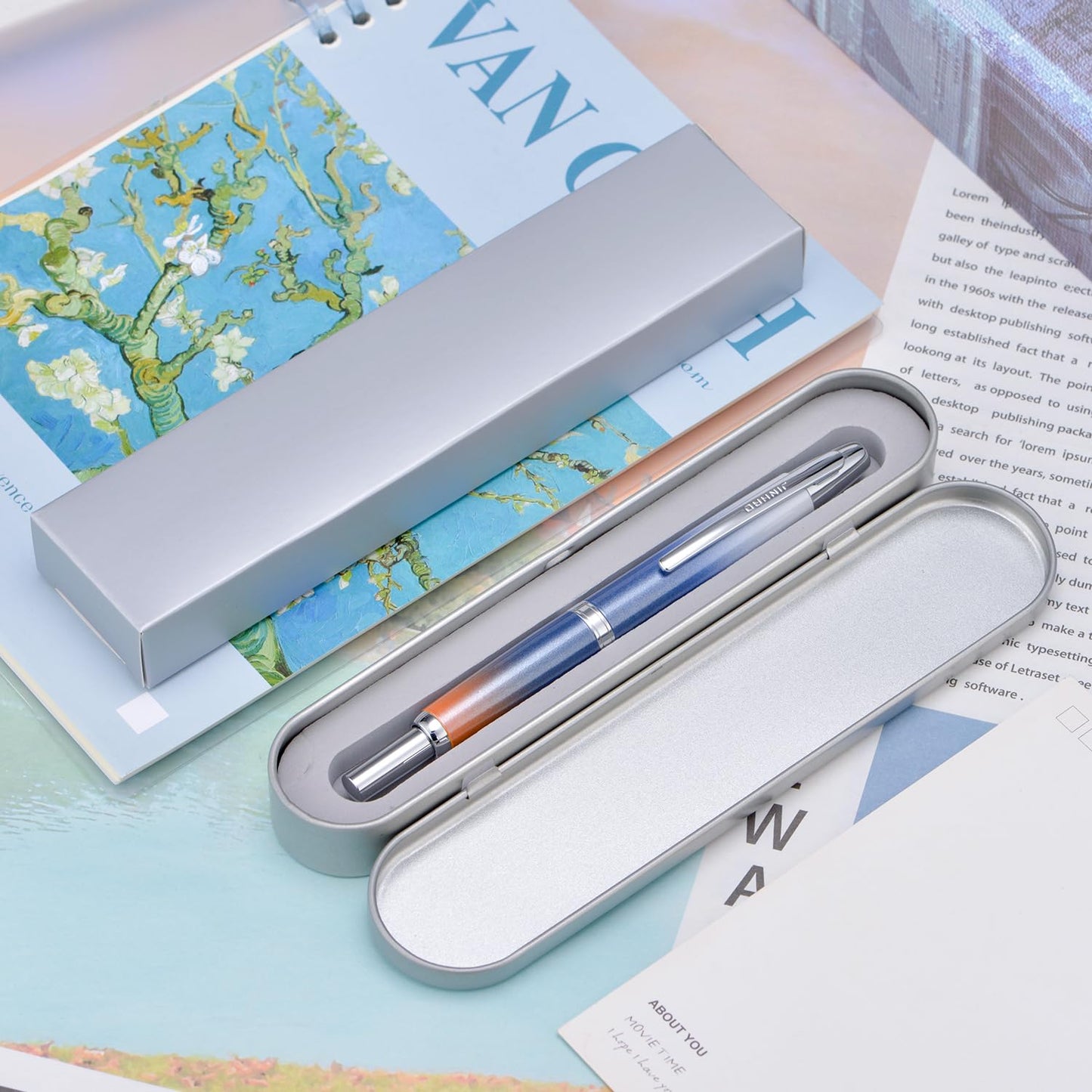 Jinhao 10 Press Fountain Pen with Box, Gradient Dark Blue Retractable Extra Fine Nib with Ink Converter Set (Silver Clip)