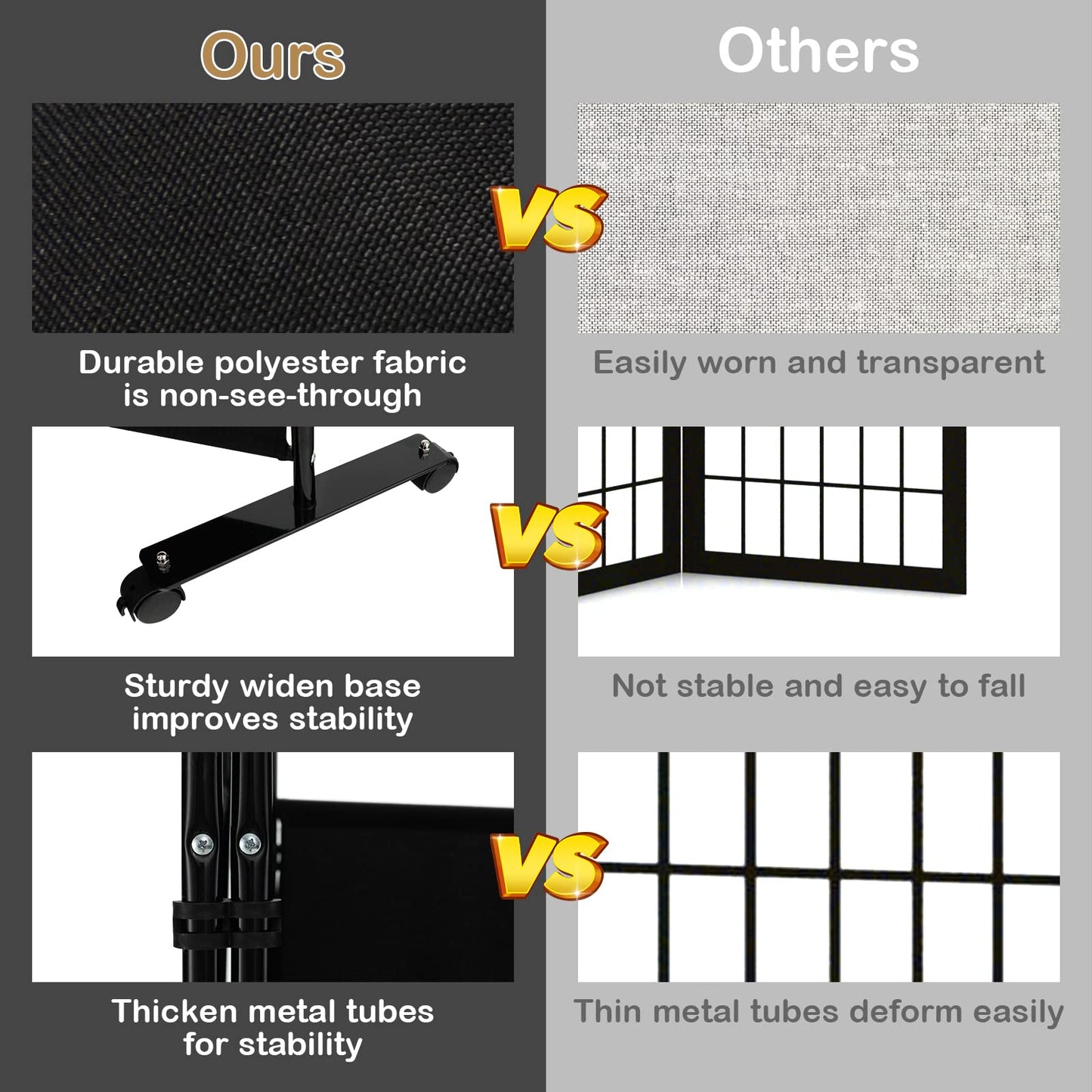 LDAILY 4 Panels Folding Room Divider, 6FT Tall Fabric Privacy Screen w/Metal Frame, Freestanding Partition Wall Divider w/Rolling Wheels for Bedroom, Dining Room, Office, Hospital (Black, 4-Panel)
