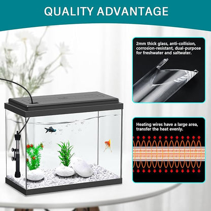 hygger ETL Certification Aquarium Heater, 50W/100W/200W/300W Submersible Fish Tank Thermostat Heater with Firm Double Pair Suction Cups for Coral Saltwater and Freshwater Tank with Thermometer (50W)