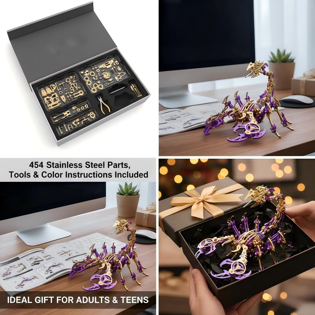 Scorpion 3D Metal Puzzles for Adults, 454PCS Stainless Steel DIY Mechanical Metal Model Kits, No Glue Assembly with Movable Joints, Challenging Metal Building Kit Desk Decor Gift (Purple-Glod)