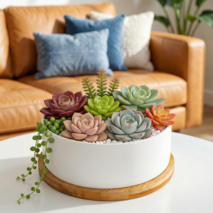 ARVINKEY White Ceramic Succulent Plant Pots, Set of 2 Round Planter Small Cactus Container, Bonsai Pots, Succulent Pots with Drainage Hole& Bamboo Tray (No Plant)