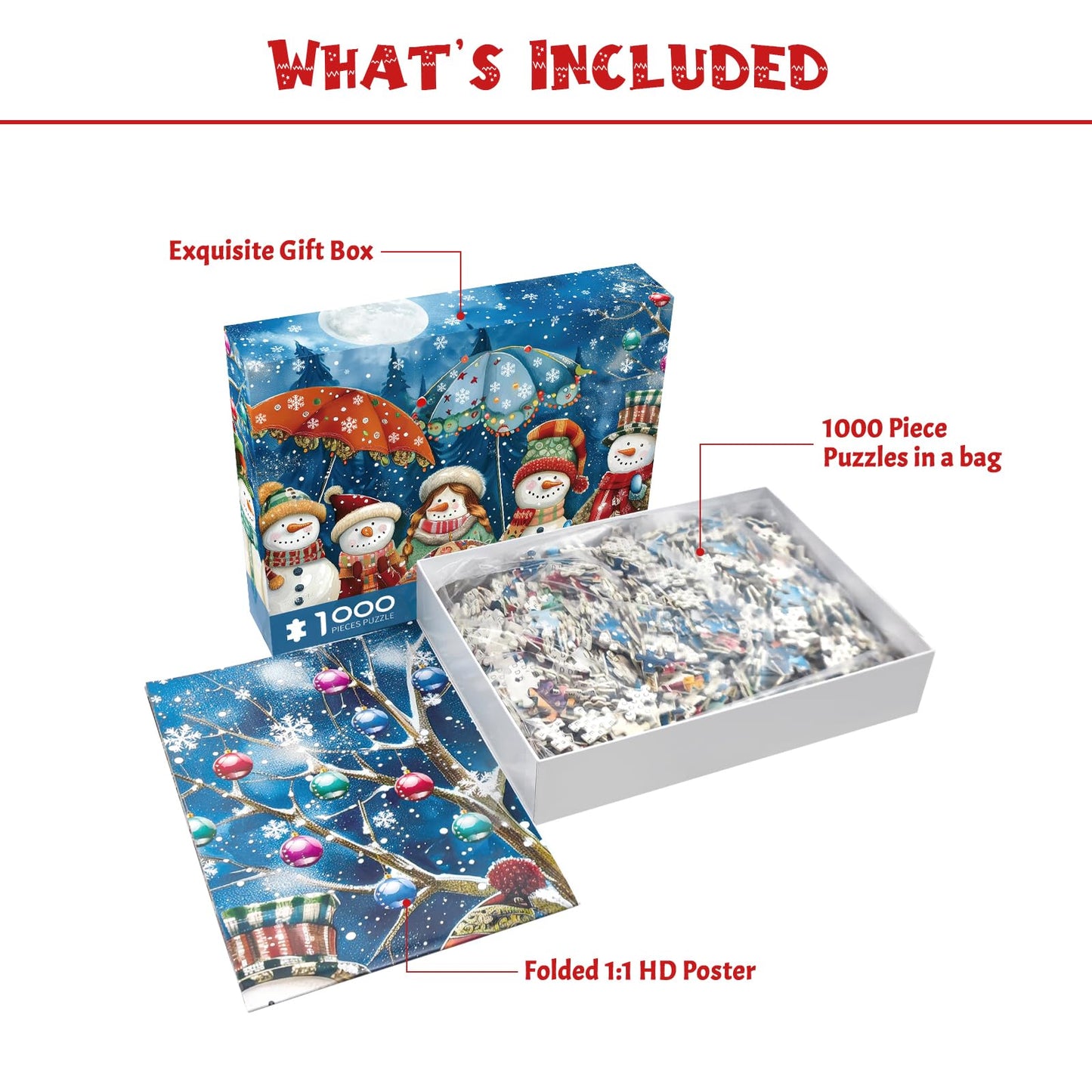 MBOQIU 1000 Piece Puzzle for Adults - Snowman Christmas Puzzle, Premium Thick Cardboard, Snowy Night Christmas Vacation Jigsaw Puzzles, Challenging Puzzles for Teens Seniors - 27.6 x 19.7 inches