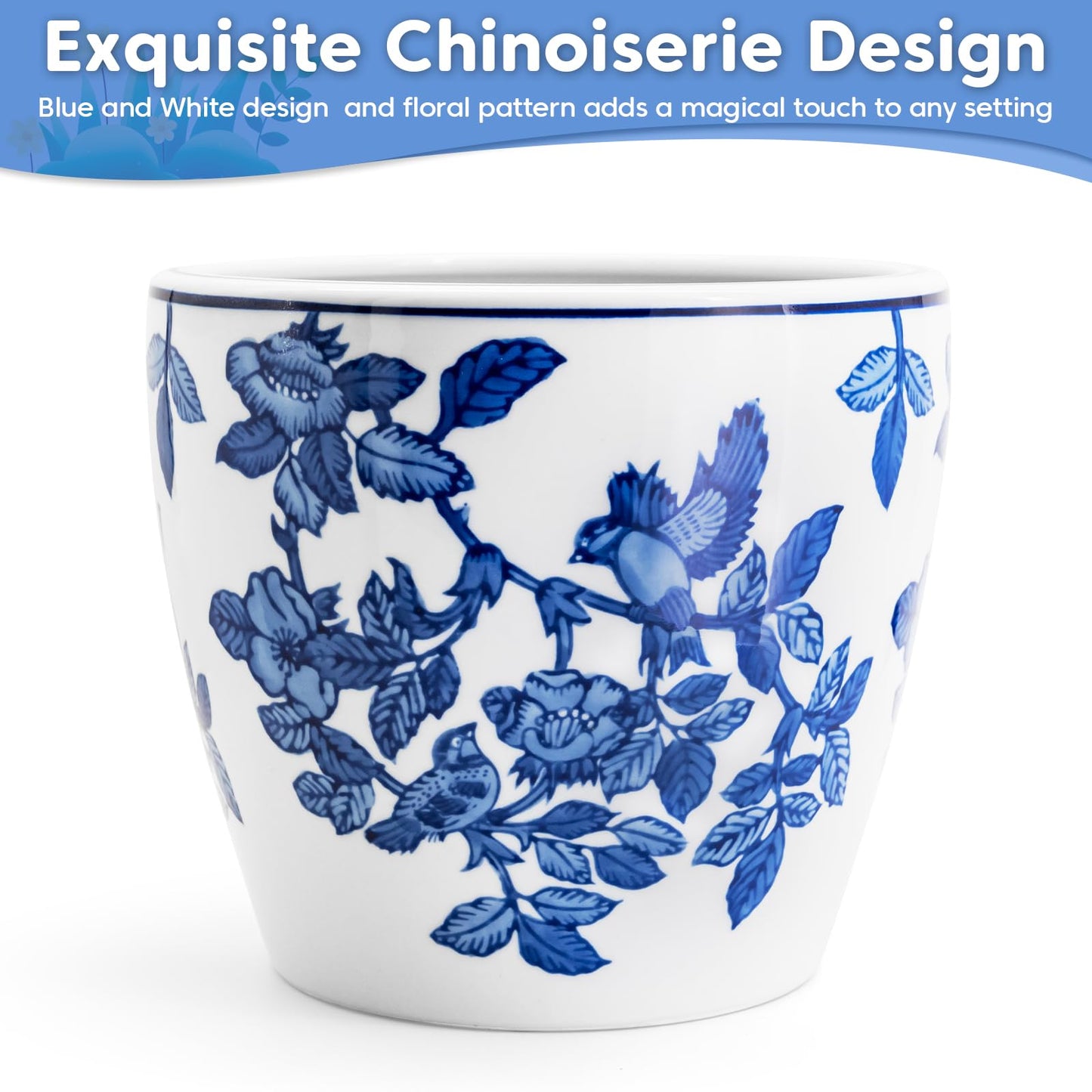 HakkaGirl 8 inch Ceramic Flower Pots, Chinoiserie Decor Ceramic Planter Plant Pots for Indoor Plants with Drainage and Saucer, Blue and White