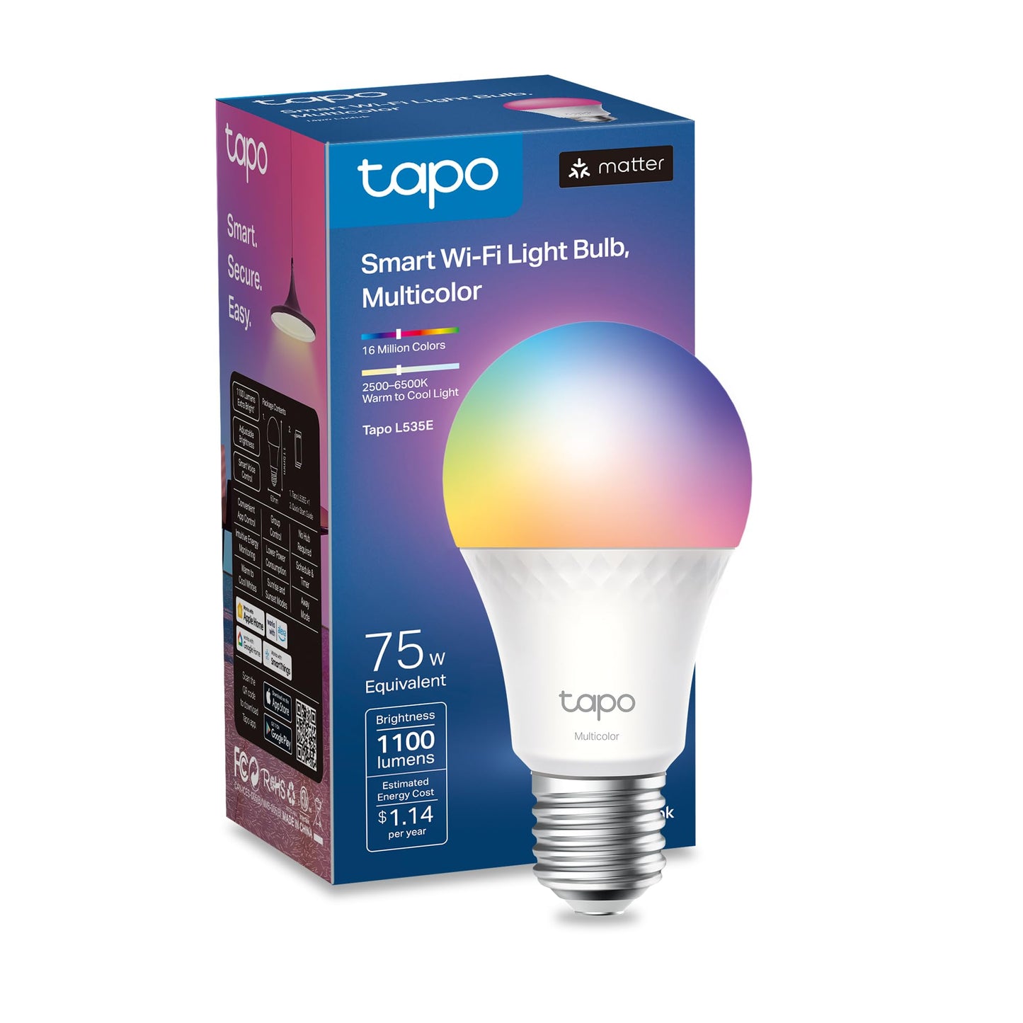 TP-Link Tapo Smart Light Bulbs, 1100 Lumens High Brightness (75W Equivalent), Matter-Certified, 16M Colors WiFi Light Bulb, Dimmable, Works w/Siri, Alexa & Google Home, A19 E26, Tapo L535E(2-Pack)