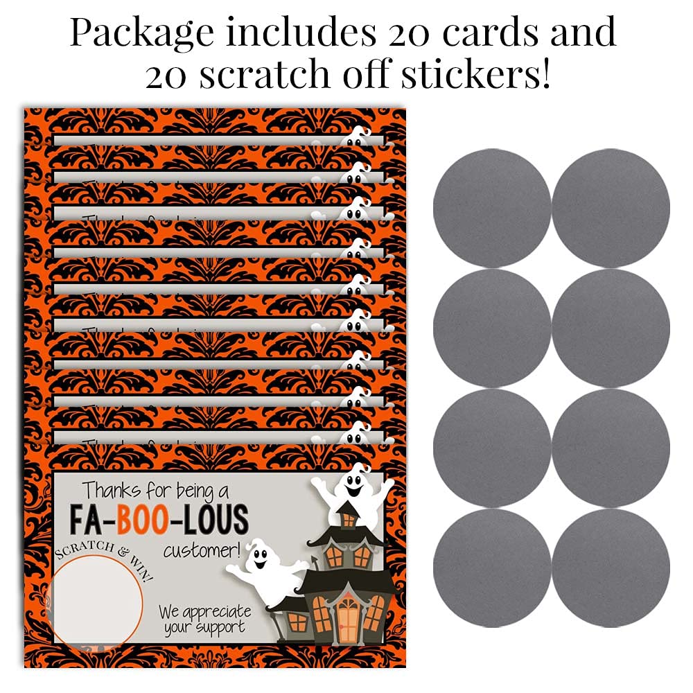 Amanda Creation Funny Fabulous Customer Halloween Ghost Scratch & Win Customer Appreciation Package Inserts for Small Businesses, 20 2" X 3.5” Single Sided Insert Cards with Scratch Off Stickers
