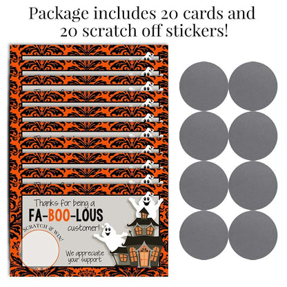 Amanda Creation Funny Fabulous Customer Halloween Ghost Scratch & Win Customer Appreciation Package Inserts for Small Businesses, 20 2" X 3.5” Single Sided Insert Cards with Scratch Off Stickers