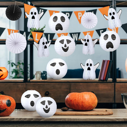 Humyoun 18 Pcs Halloween Party Decorations Kit Ghost Spooky Paper Lanterns Hanging Fans 3D White Ghost Honeycomb Ball for Indoor Outdoor Halloween Scary Party Supplies Haunted House Ceiling Decor
