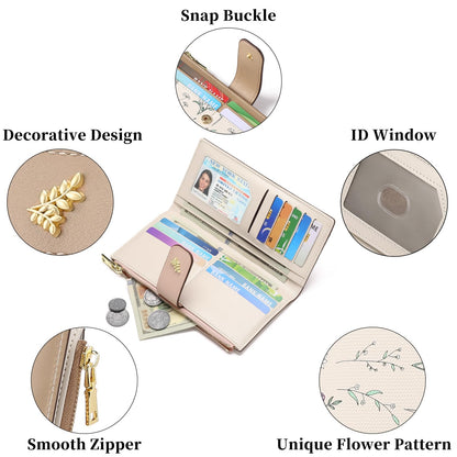 GAEKEAO Womens Wallet Slim Thin RFID Blocking Floral Vegan Leather Card Holder Bifold Long Ladies Wallet with Zipper Pocket