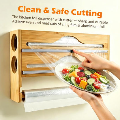 Plastic Wrap Dispenser with Cutter, 3 in 1 Tin Foil Wrap Dispenser Wall-Mounted Organizer for Baking Paper, Wax Paper Holder Kitchen Storage Box (Wood)