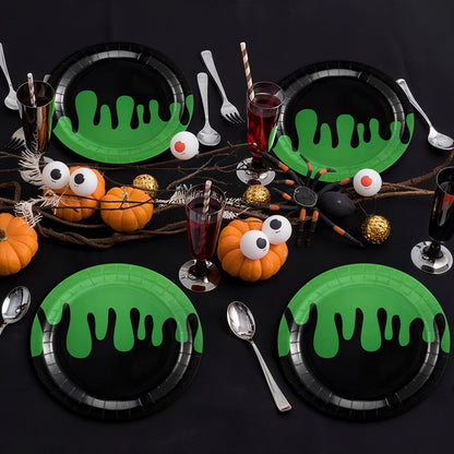 Newtay 48 Pcs Halloween Ghost Party Paper Plates Green and Black Disposable Dessert Plates Set for Kids Boys Girls Birthday Themed Party Supplies Halloween Decorations, 7 Inches and 9 Inches