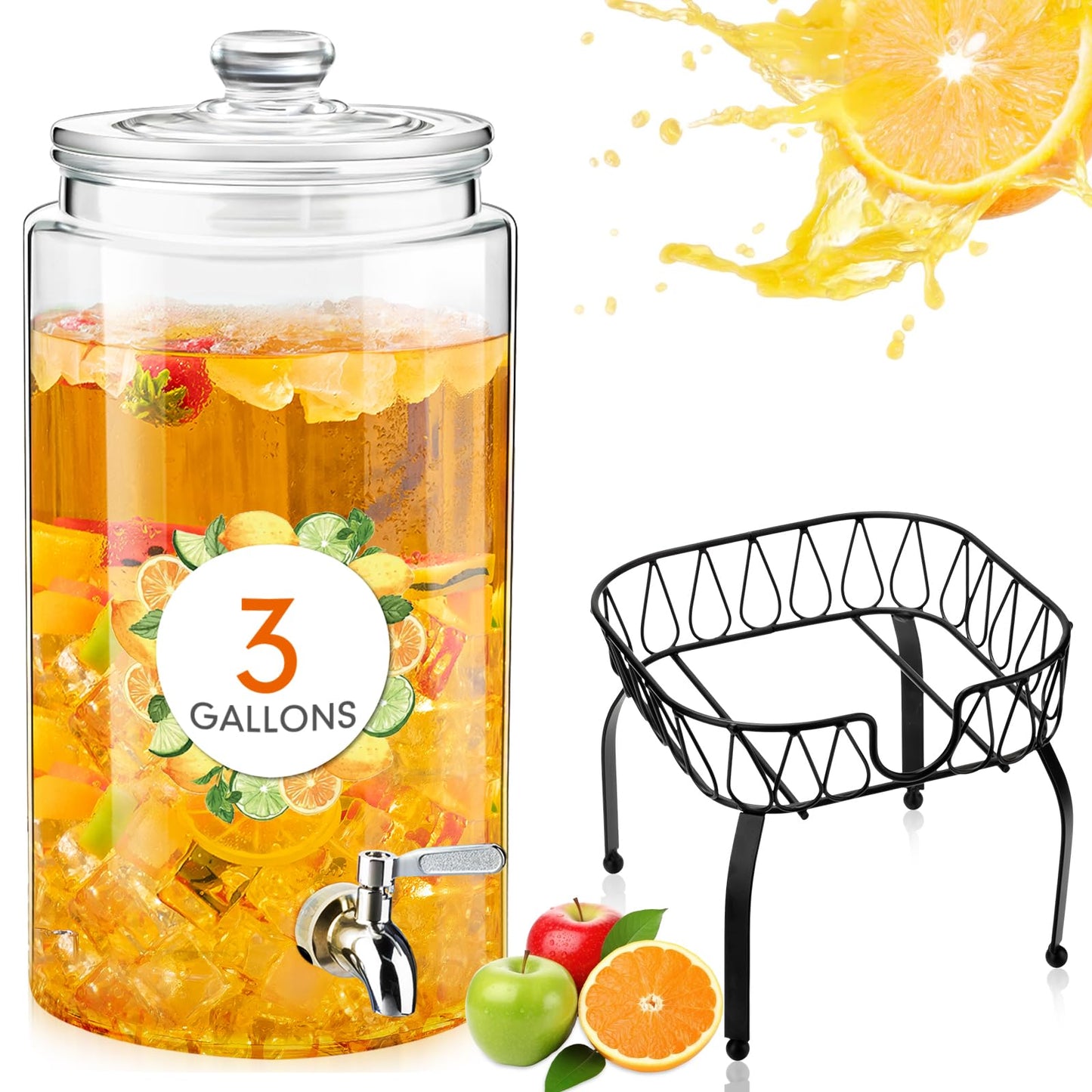Honeydak 1 Pack 3 Gallon Glass Drink Dispenser for Parties Glass Beverage Dispenser with Stand and Spigot Leakproof Iced Water Storage Lemonade Juice Jar Mason with Lids for Wedding Parties Kitchen