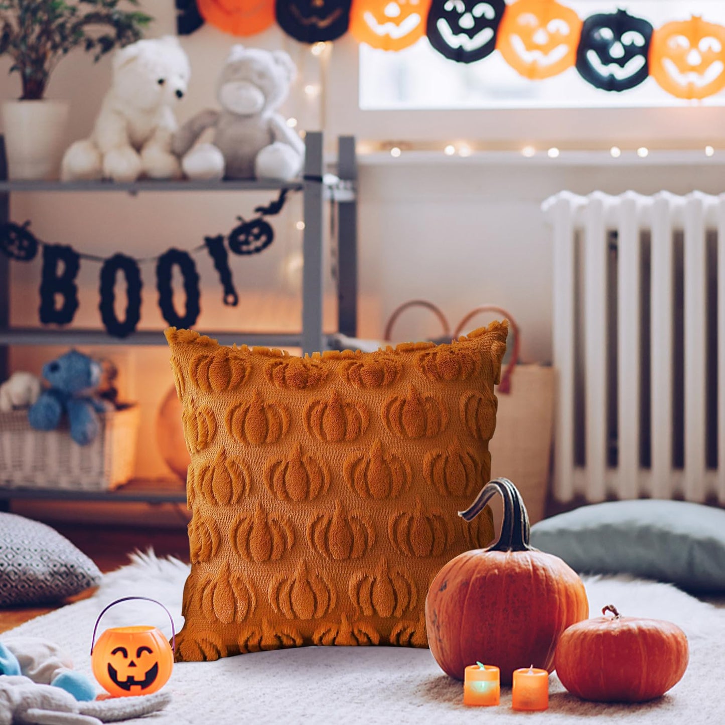 Huaerle Halloween Pillow Covers 18x18 Ghost Pumpkin Pattern Pillowcases Fall Throw Pillow Covers Set of 4 Double-Sided Halloween Pillow Covers Soft Plush Faux Wool Cushions for Home Patio Sofa Couch