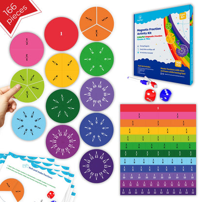 Simply magic 166 PCS Magnetic Fractions Activities Class Set – Fraction Strips, Tiles, Circles & Bars, Magnetic Math Manipulatives for Kids, Perfect Classroom Learning Tools, Homeschool Supplies