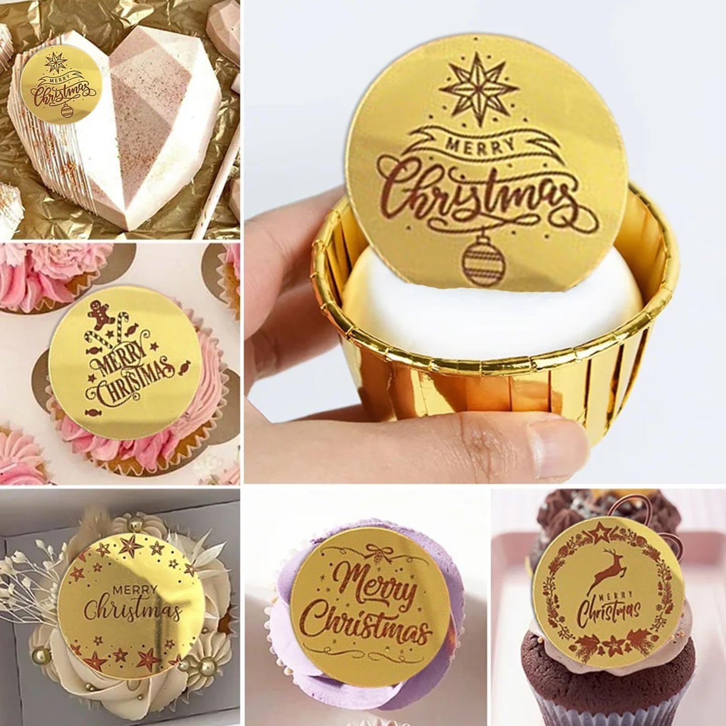 18 Pcs Christmas Cake Decoration Cupcake Toppers Xmas Party Supplies Mirror Merry Christmas Tree Santa Sleigh Reindeer Design Food Gold Acrylic Accessories