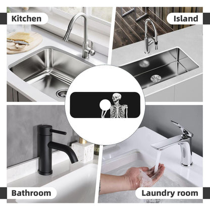 Black Funny Skull Human Skeleton Halloween Kitchen Sink Splash Guard Faucet Mat Super Absorbent Fast Drying Mat Sink Gadgets-Fast Drying Pad Sink Mat For Kitchen Bathroom (15" X 5.5" )