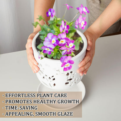 FoldTier 2 Pack 6.5 Inch Large Orchid Pot with Holes and Saucer for Root Health with Precise Aeration and Drainage, Ceramic Orchid Planter Pot for Repotting or New Plants Indoor Outdoor Use(White)