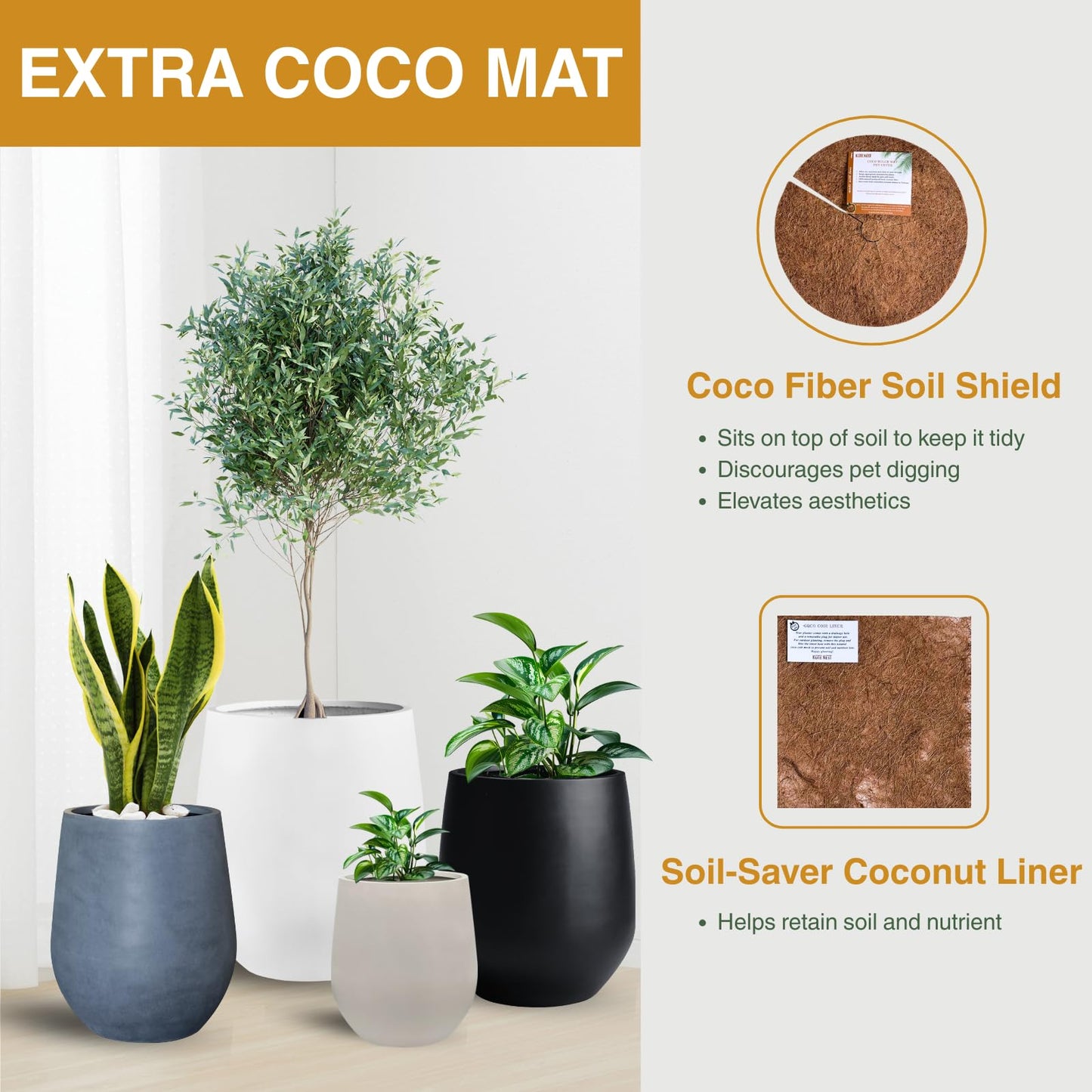 KUTE NEST 12.5" H x 11.5" D Premium Ribbed Corso Fiberstone Round Tapered Planter with Drainage Hole, Weather Resistant, Included 2 Extra Coco Mats (Ribbed Speckled White, 9" Pot Opening)