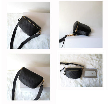 Leather Fanny Pack for Women Crossbody, Dressy Belt Bag with Gold Chain - Black Luxury Waist Purse(Black-2)