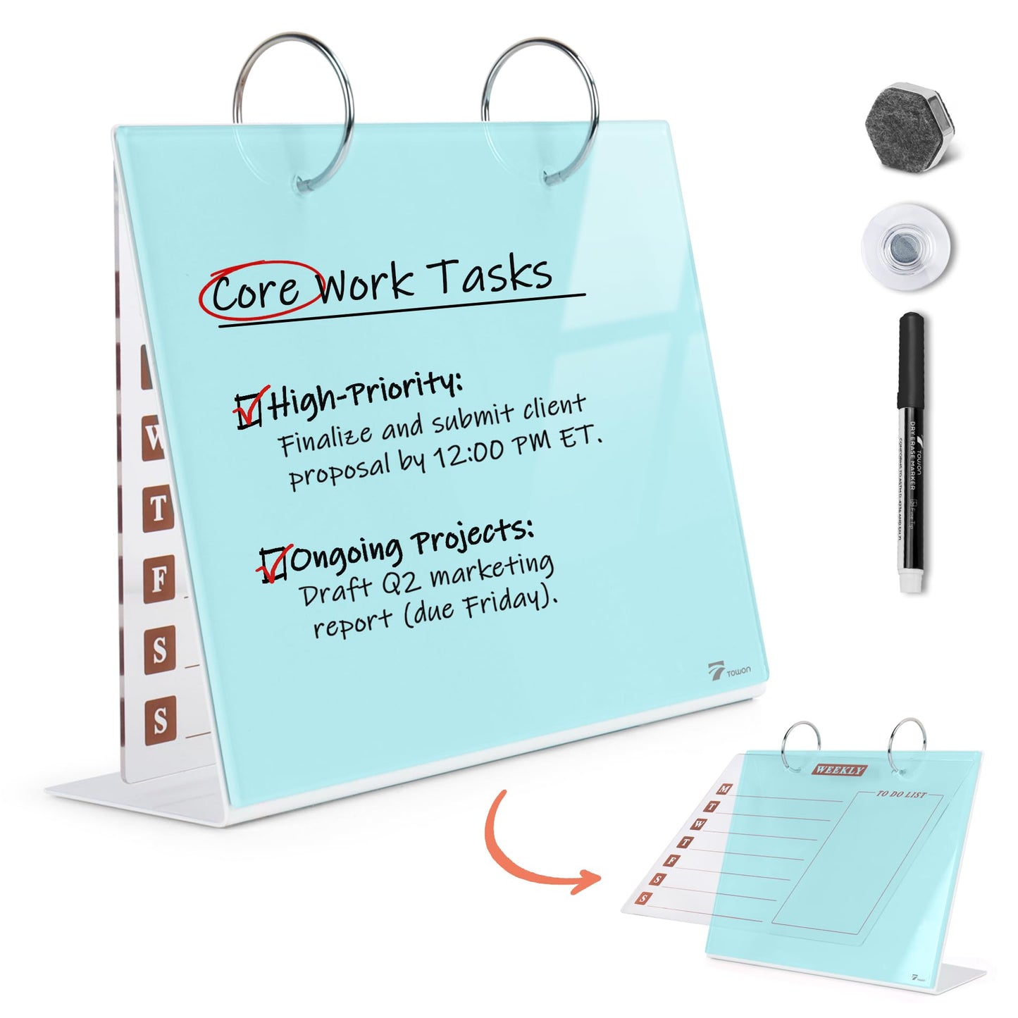 Desktop Glass Dry Erase & Acrylic Aesthetic Calendar Weekly to-do List Combo, Small Magnetic Standing Whiteboard, Desk Flip Easel Calendar with Accessories for Home Office Supply, Aqua Blue, 9 x 7''