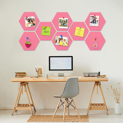 8 Packs Pink Hexagon Felt Pin Board, 12" Bulletin Board with 30 Push Pins, Felt Board for Home Kitchen Office Decor, Self-Adhesive Corkboard Tiles for Walls Classroom Message Photos Memos Display
