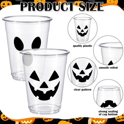 FoldTier 24 Set 12oz Summer Halloween Plastic Cups with Drink Umbrella Picks Bulk Halloween Cups with Cocktail Umbrella Stirrers Jack O Lantern Ghost Design for Trick or Treat Boo Party Supplies