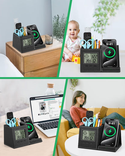Investme Pen Holder with Wireless Charger, Built in Digital Indoor Thermometer and Humidity Monitor, Multi-Functional Desktop Organizer for Home, School, Office Supply, Midnight Black