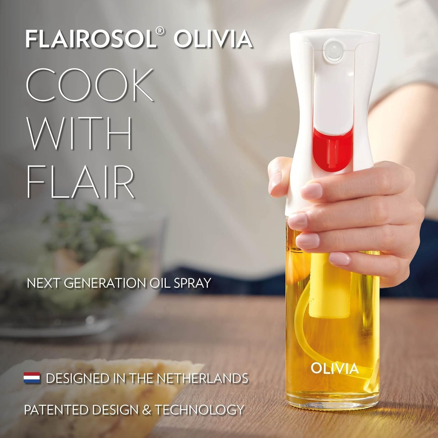 FLAIROSOL OLIVIA. The Original Advanced Oil Sprayer for Cooking, Salads, BBQs and More, Continuous Spray with Portion Control, Trusted by Chefs. Patented Technology. (Glass Bottle) (Gold Print)
