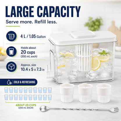 1.1 Gallon Beverage Dispenser with Spigot - BPA-Free Water Jug for Refrigerator, Includes 3 Ice Ball Molds & Bar Spoon - Leak-Proof Drink Container for Party, Iced Tea - White 5-Piece Set