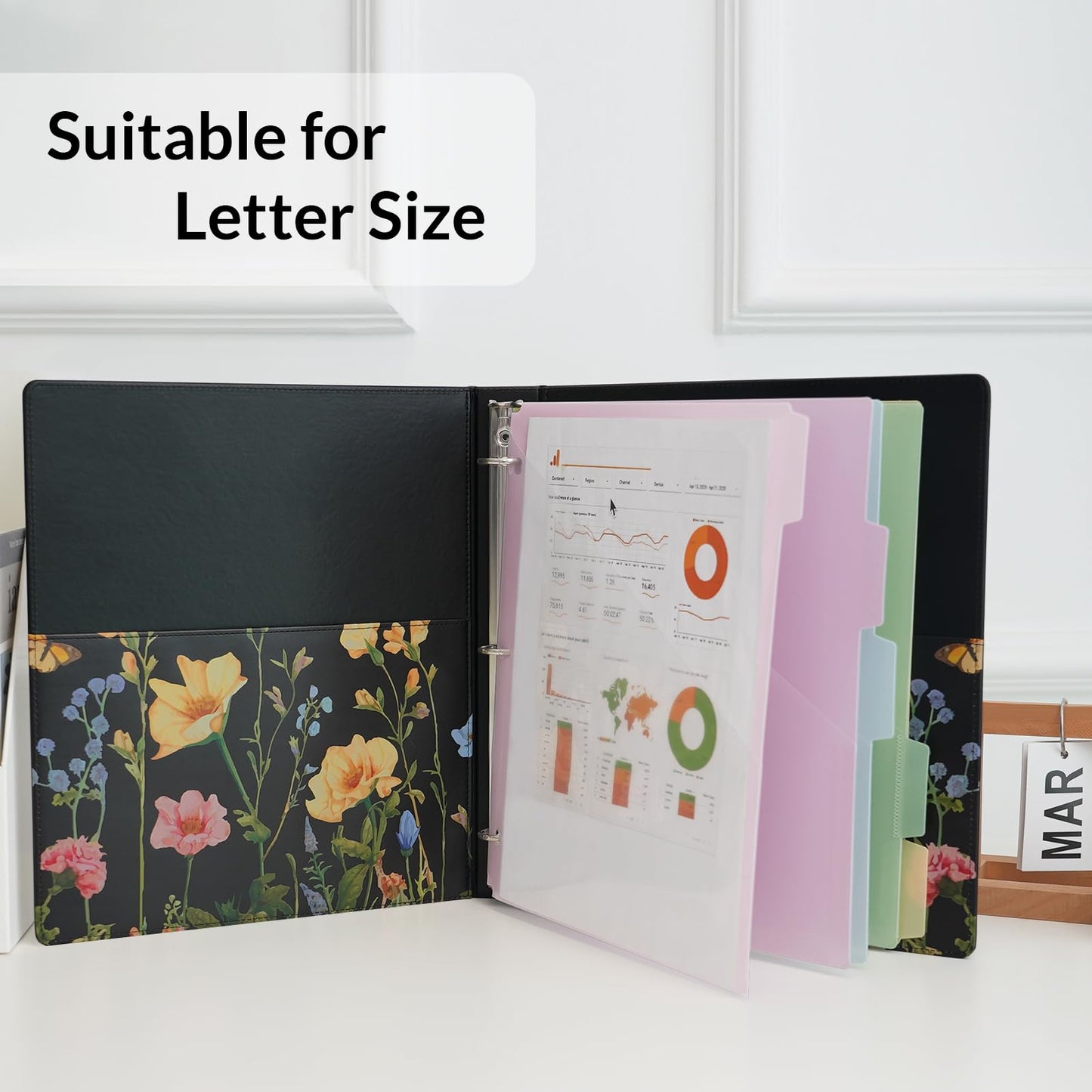 SKYDUE 1 Inch 3-Ring Binder with Clipboard, PU Aesthetic Binder with 5 Dividers, Notepad, Stickers & Pockets for Work and School (Letter Size)