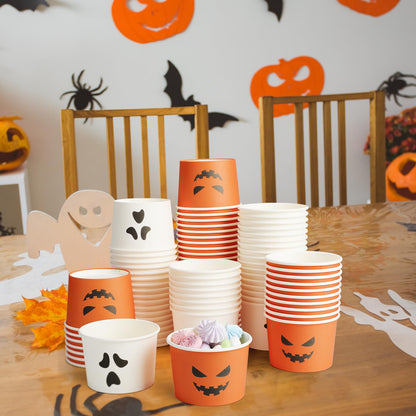 Uiifan 150 Pcs Halloween Treat Snack Cups 8 Oz Disposable Pumpkin Ghost Bowls Spooky Disposable Paper Cup White Orange Paper Cup Dessert Ice Cream Bowls Food Tasting Cups for Halloween Party Supplies