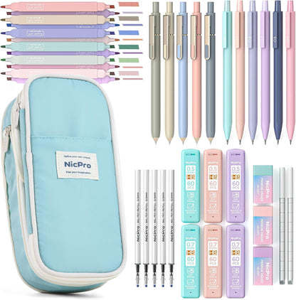 Nicpro 39 PCS Aesthetic School Supplies with Cute Pen Case, 12 Pastel Highlighters, 5 Black Ink Gel Pens, 6 Mechanical Pencils Set 0.5 & 0.7mm for Students Stationary College Essentials (Blue)
