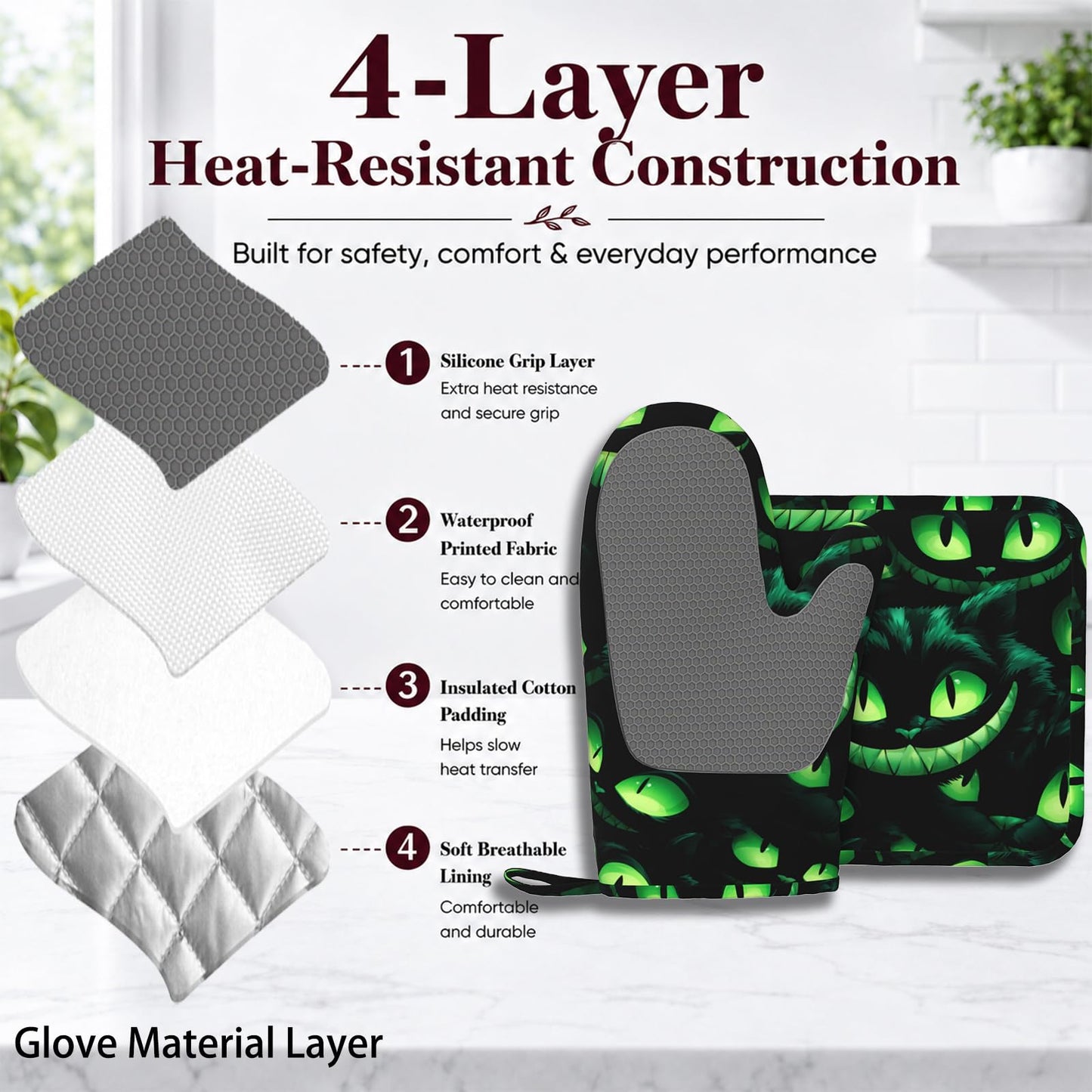 Halloween Ghost Face Heat-Resistant Oven Mitts and Pot Holder Smile Face Kitchen Non-Slip Silicone Cooking Microwave Gloves for BBQ Baking Grilling