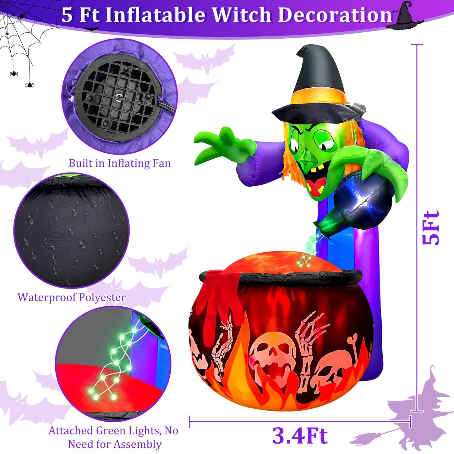 [ 2 Style Lights ] 5 Ft Halloween Inflatable Witch and Cauldron with Rotating Red Flame Lights & Green LED String Light, Halloween Decorations Outdoor Blow Up Yard Decor for Indoor Party Garden Lawn