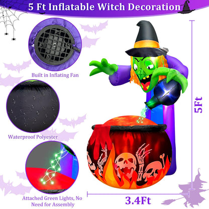 [ 2 Style Lights ] 5 Ft Halloween Inflatable Witch and Cauldron with Rotating Red Flame Lights & Green LED String Light, Halloween Decorations Outdoor Blow Up Yard Decor for Indoor Party Garden Lawn