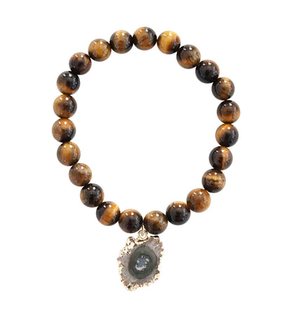 T. VICTORIA - Brown Natural Tiger Eye Protection Prosperity Stalactite Charm Healing Crystal Gemstone Beaded Stretch Statement Bracelet 7"