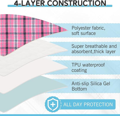 Washable Pee Pads for Dogs - 24”x36” 4PCS, Whelping Pad for Puppy Training, Playpen Crate Bed Floor Protector, Reusable Dog Potty Pads Non-Slip, Super Absorbent & Odor Controlling, Pink Plaid
