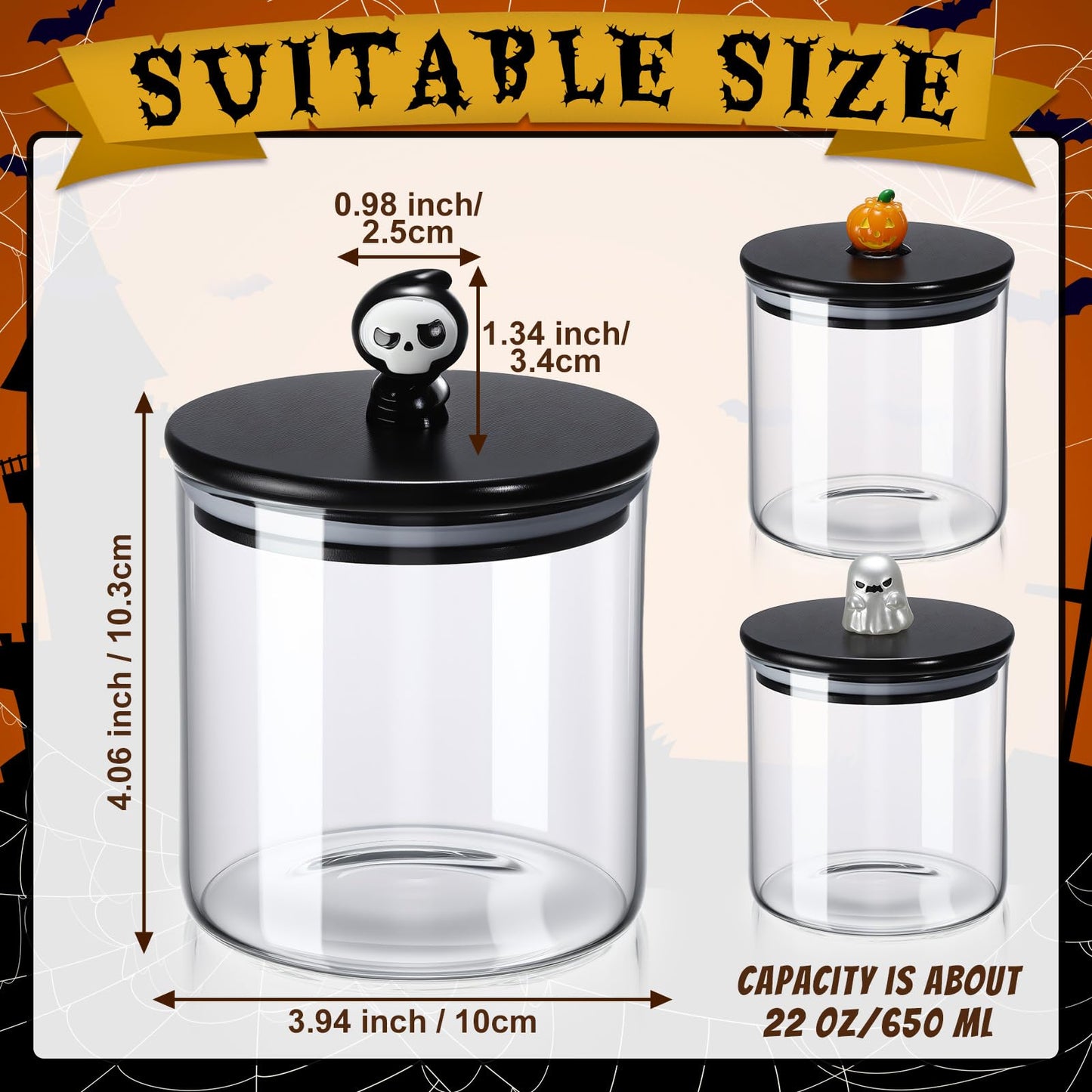 Chuangdi 22 oz Halloween Glass Jars with Bamboo Lid Set of 3 Ghost Grim Reaper Pumpkin Glass Storage Canister Halloween Decorations Indoor for Kitchen Tiered Tray Table Home Party Supplies