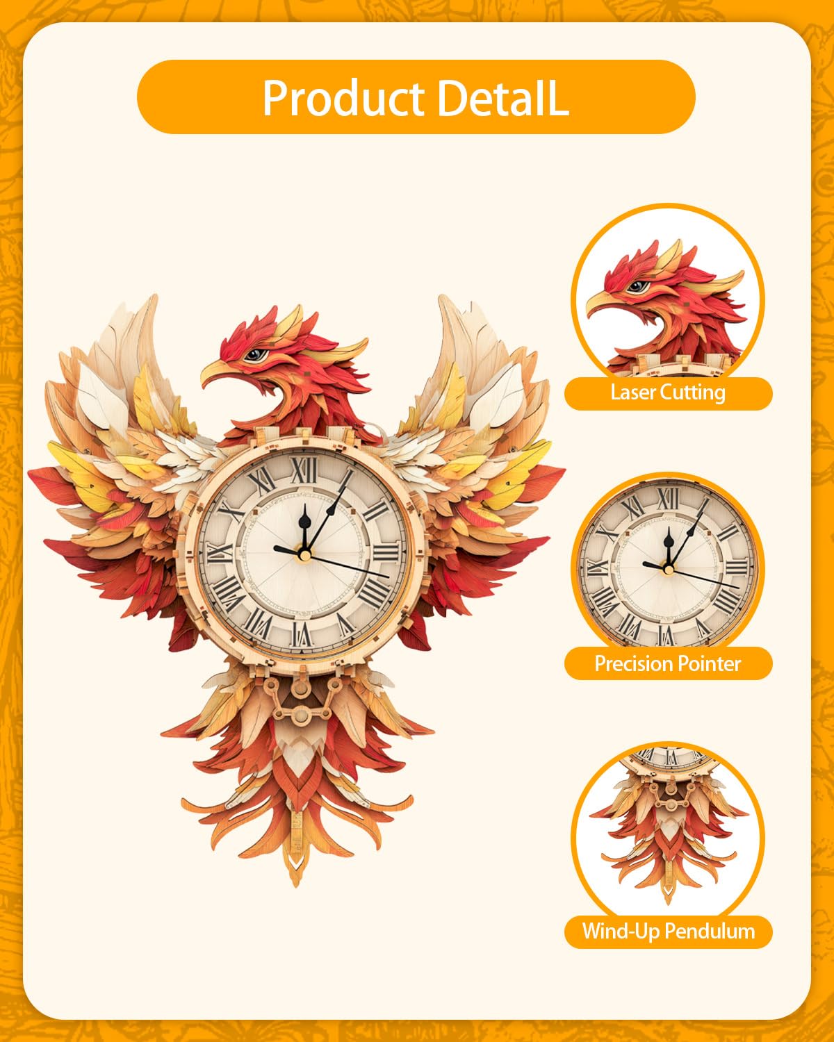 Rnfinewow 3D Wooden Puzzles for Adults, 3D Puzzle Phoenix Clock (with Pendulum), 3D Puzzles for Adults Teens Home Decor Clock Crafts for Adult Puzzle Gifts for Adult