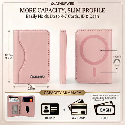 AIMDFWER Magsafe Wallet Women with 7 Credit Card Holders&ID Window, Strong Magnet Minimalist RFID Blocking Sleeves for MagSafe Phones and Cases, Compatible with iPhone 12/13/14/15/16/17 Series(Pink)