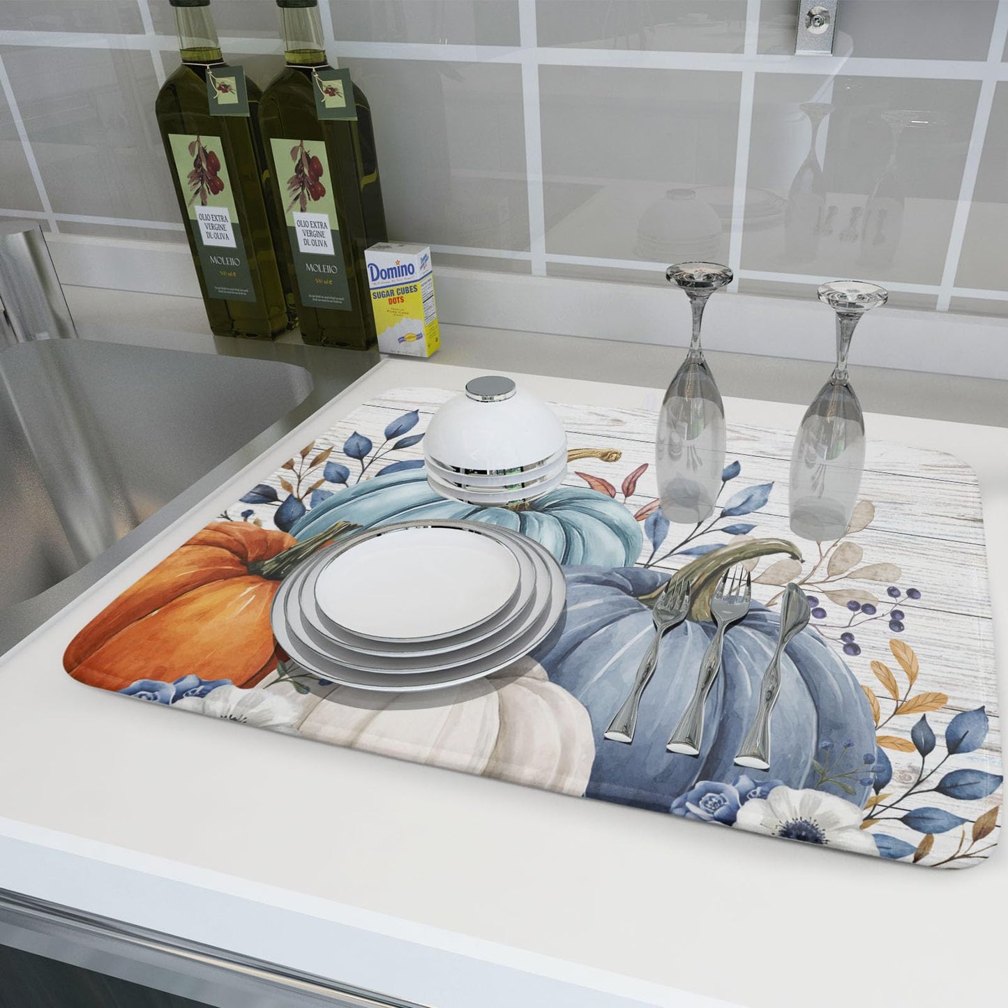Fall Flower Leaves Dish Drying Mat For Kitchen Counter Autumn Orange Blue Grey Pumpkins Thanksgiving Harvest Fast Dry Microfiber Absorbent Large Dish Draining Mat Reversible Dishes Pad 18x24 Inch
