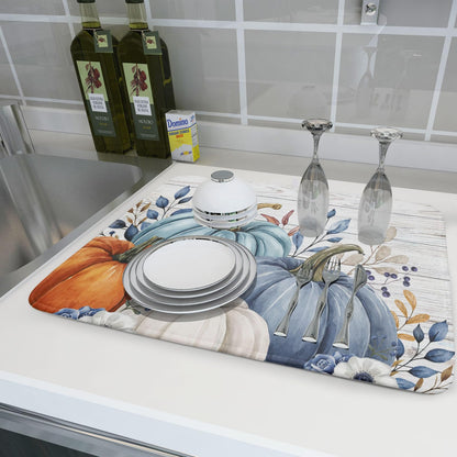 Fall Flower Leaves Dish Drying Mat For Kitchen Counter Autumn Orange Blue Grey Pumpkins Thanksgiving Harvest Fast Dry Microfiber Absorbent Large Dish Draining Mat Reversible Dishes Pad 18x24 Inch