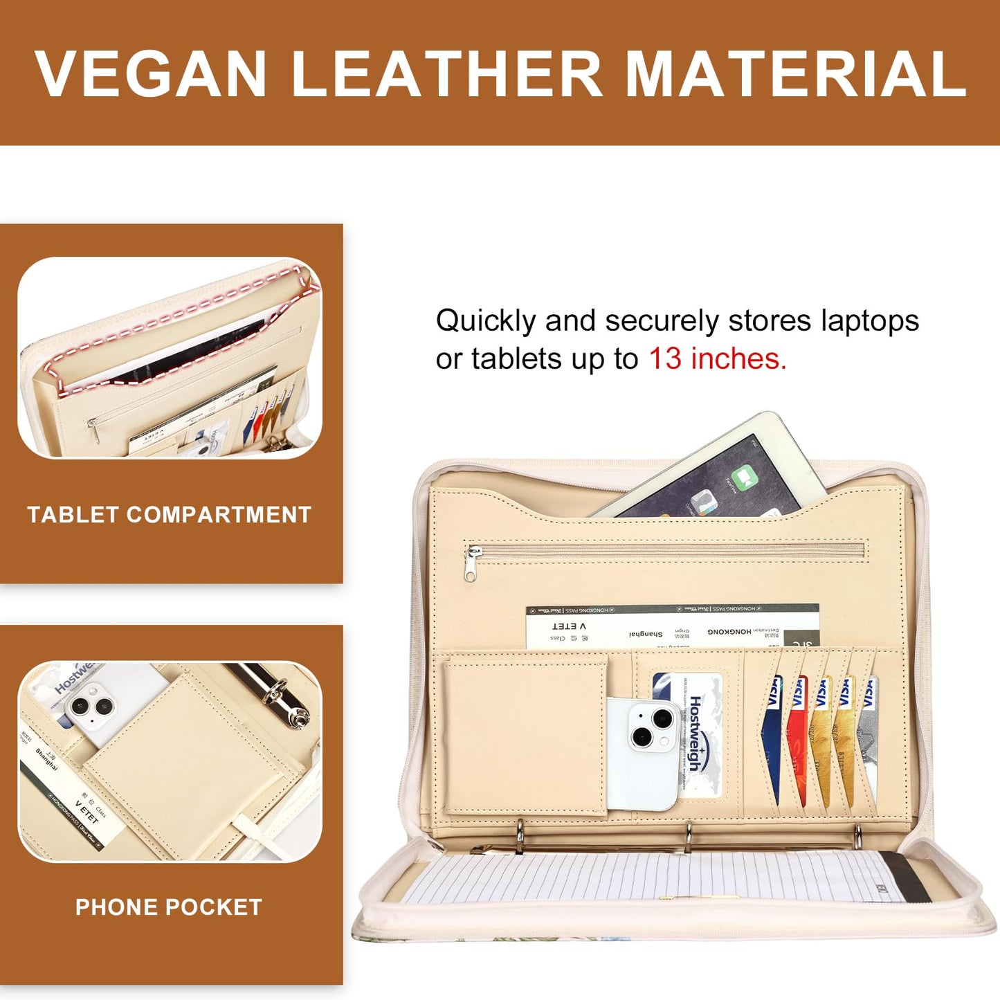 Leathario Portfolio Binder, Includes 5 Folder Index Dividers and 3 Notepads, 3-Ring Folder Organizer, Padfolio with Zipper, Vegan Leather Tablet Sleeve, Business Office Conference Clipboards