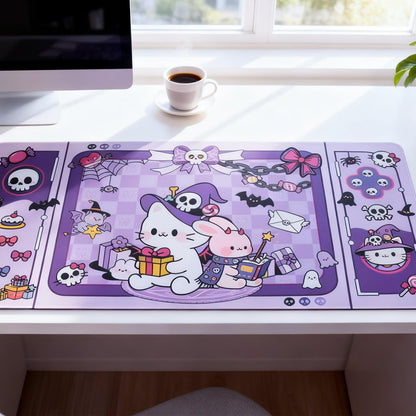 PERFECTSIGHT Cute Cat Desk Pad Kawaii Kitty Desk Mat, Large Gaming Mouse Pad, Funny Halloween Deskmat Mousepad, Anime Laptop Keyboard Pad Office Home Decor for Women Girls, Purple