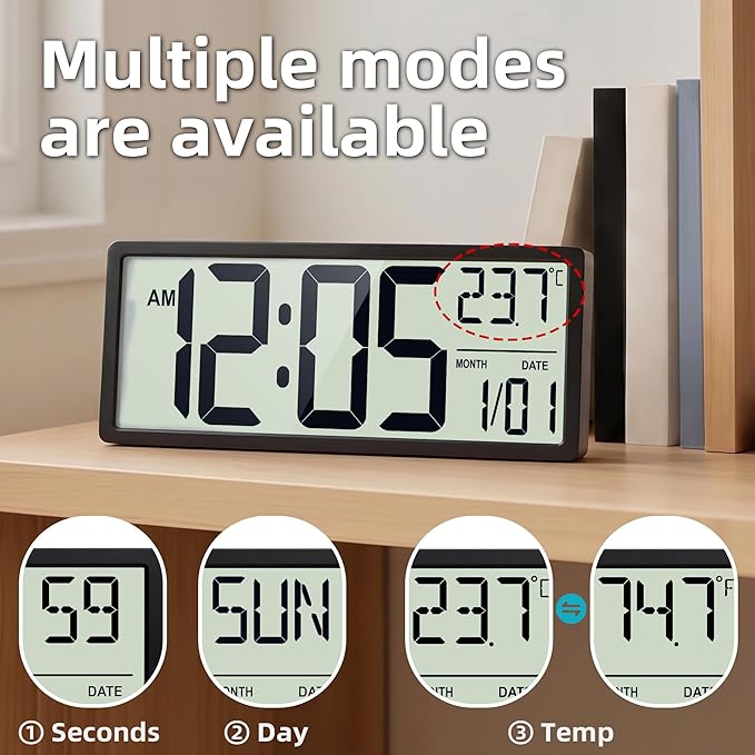 16" Digital Wall Clock, Battery-Operated with Large LCD Display, Jumbo Number Modern Decorative Clock with Alarm, Date, Calendar, Temperature for Elderly, Senior Bedroom, Living Room, Kitchen